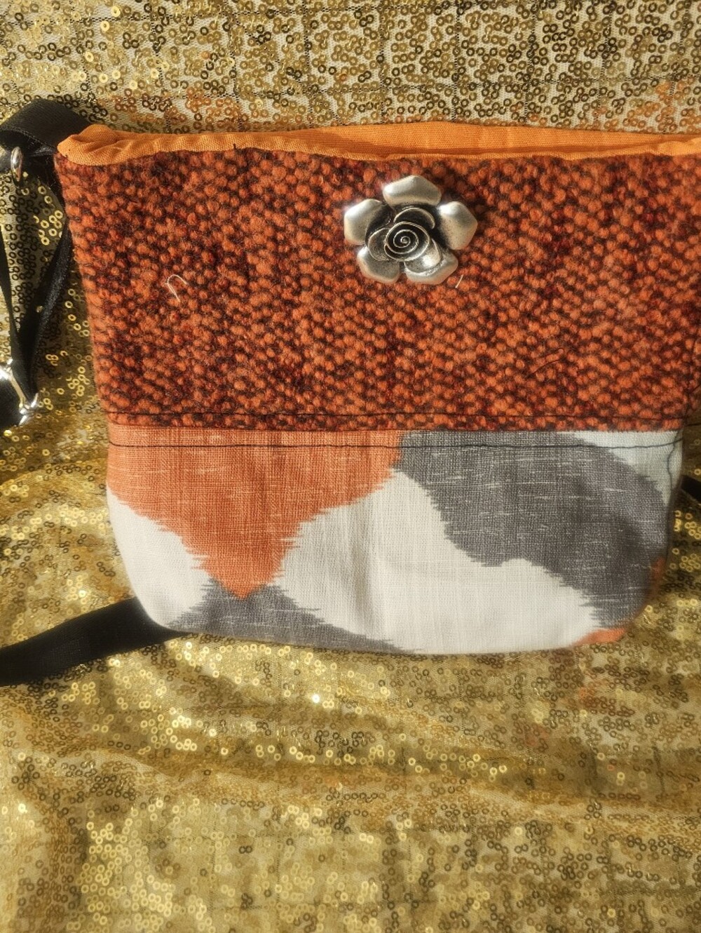 Women’s Orange & Gray Crossbody Bag with Floral Accent